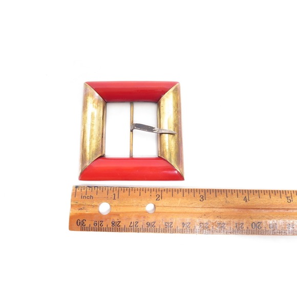 VINTAGE ANTIQUE ART DECO RED PLASTIC & GOLD BRASS‎ SQUARE BELT BUCKLE 2-1/2\